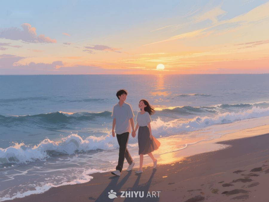 海边日落时的漫步情侣 246
