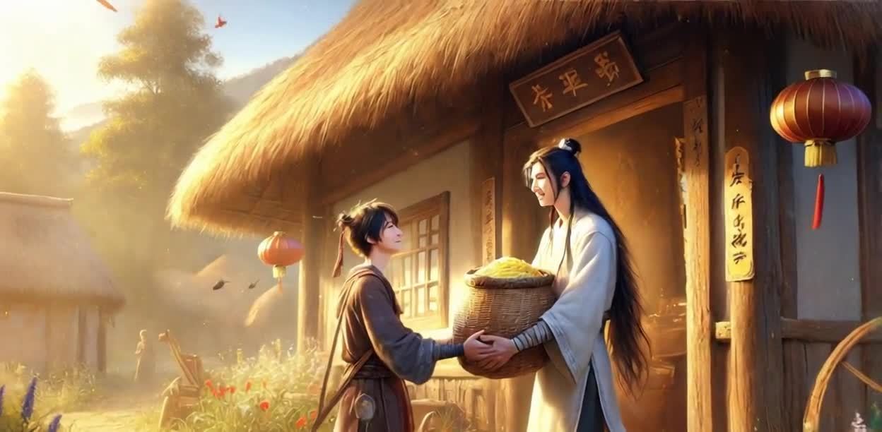 两个人正在递送粮食，其中一人穿着棕色衣服，另一个人