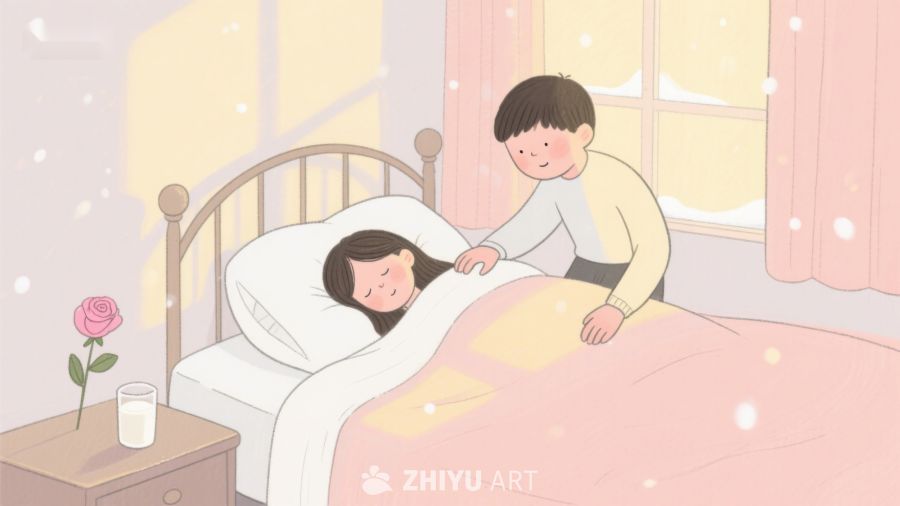 温馨床边：男孩轻抚熟睡女孩 411
