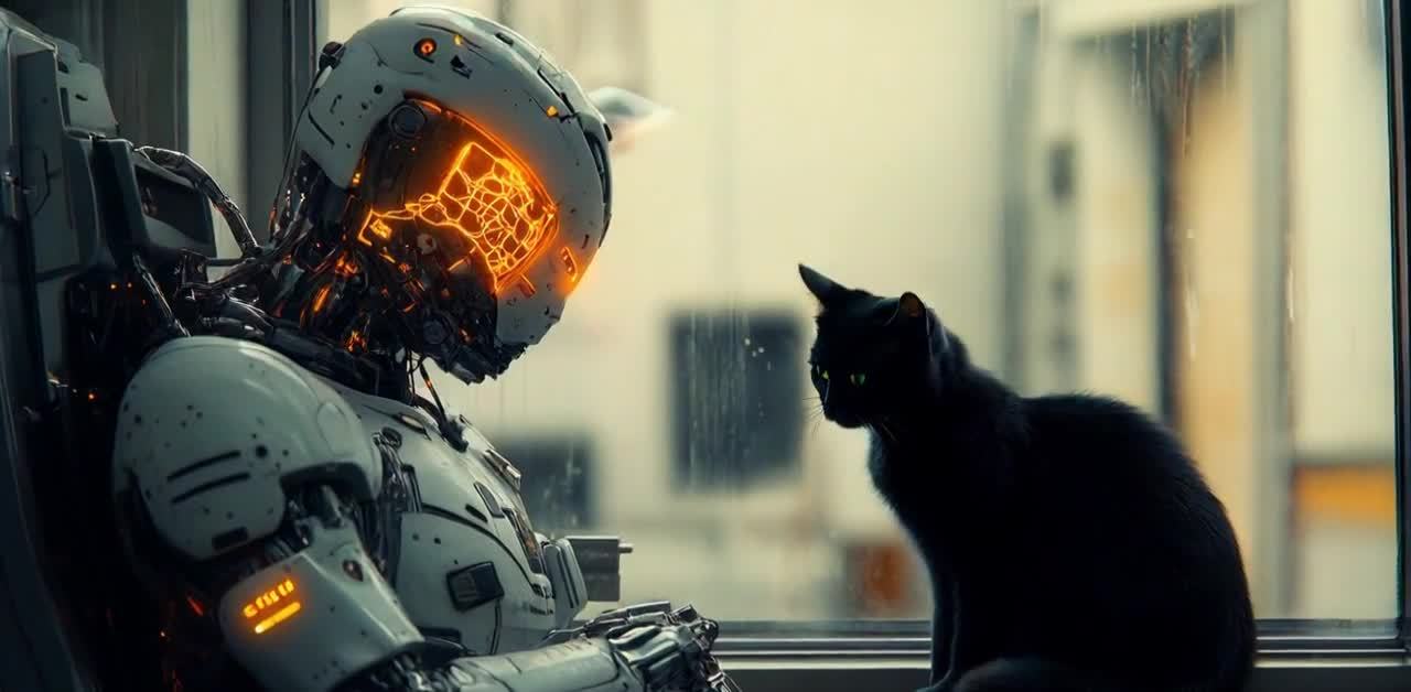 雨天窗边：发光头部的机器人与绿眼黑猫