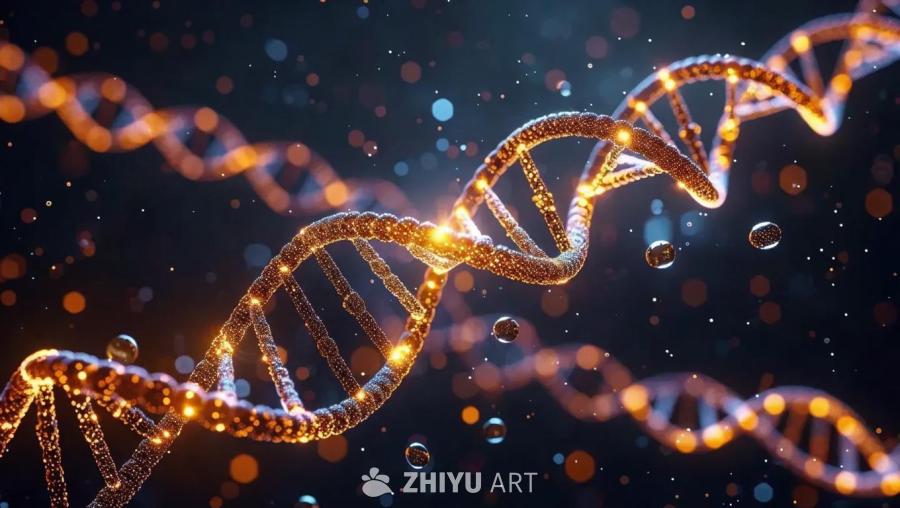 在黑色背景下，呈现发光的基因链，一些DNA珠子缺失