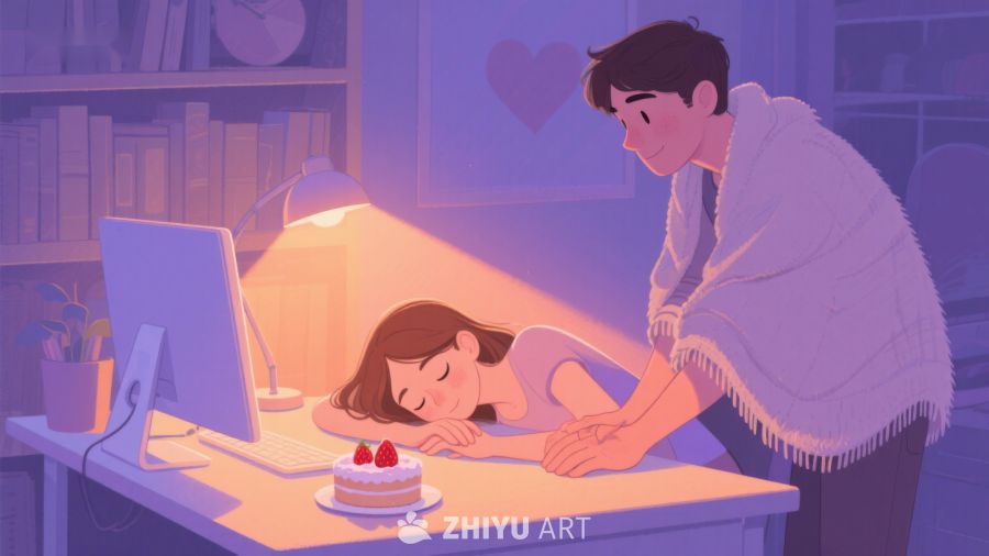 熬夜工作，男友贴心陪伴 1