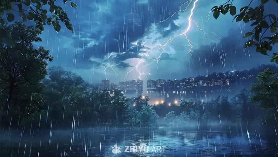 夜幕下，雨水不断滴落，偶尔闪电划过天空，照亮云层。
