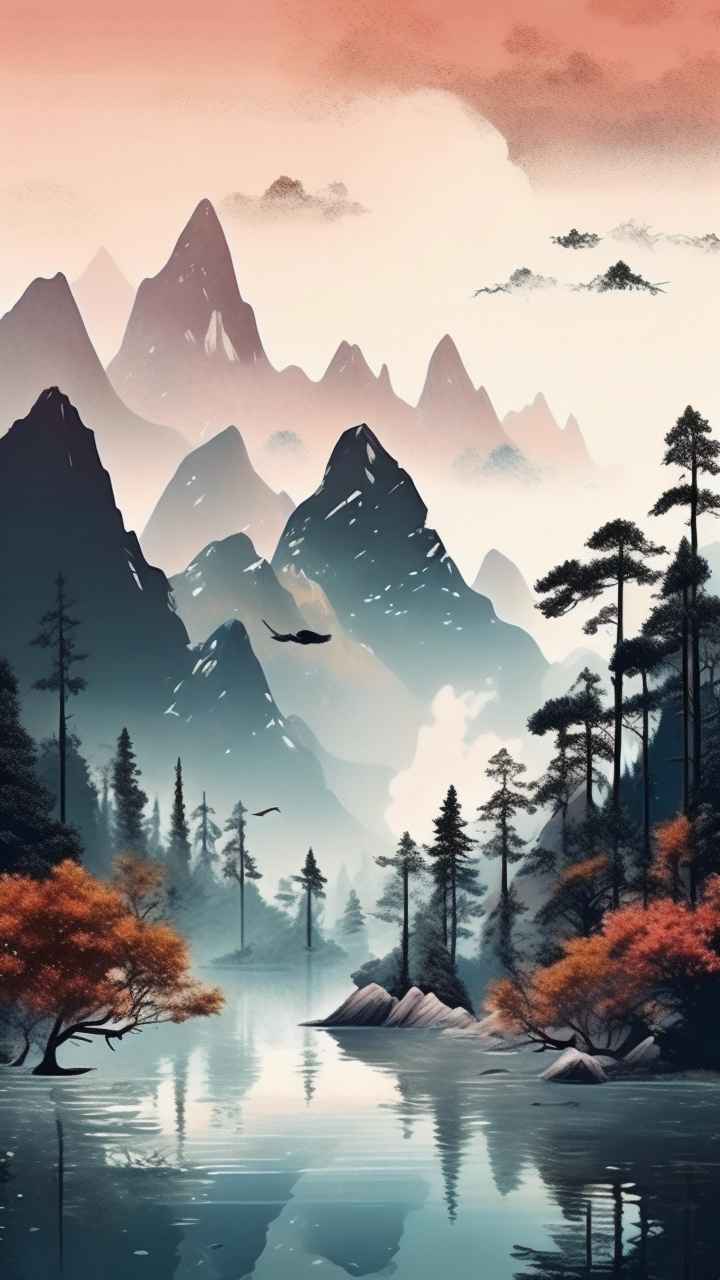 国风水彩画山水风景插画 71