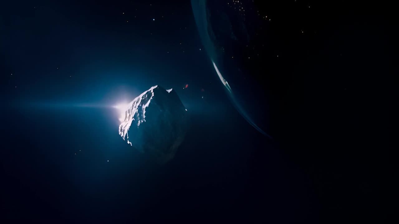 一颗小行星正朝着地球飞来。强烈的光线照亮了黑暗的太
