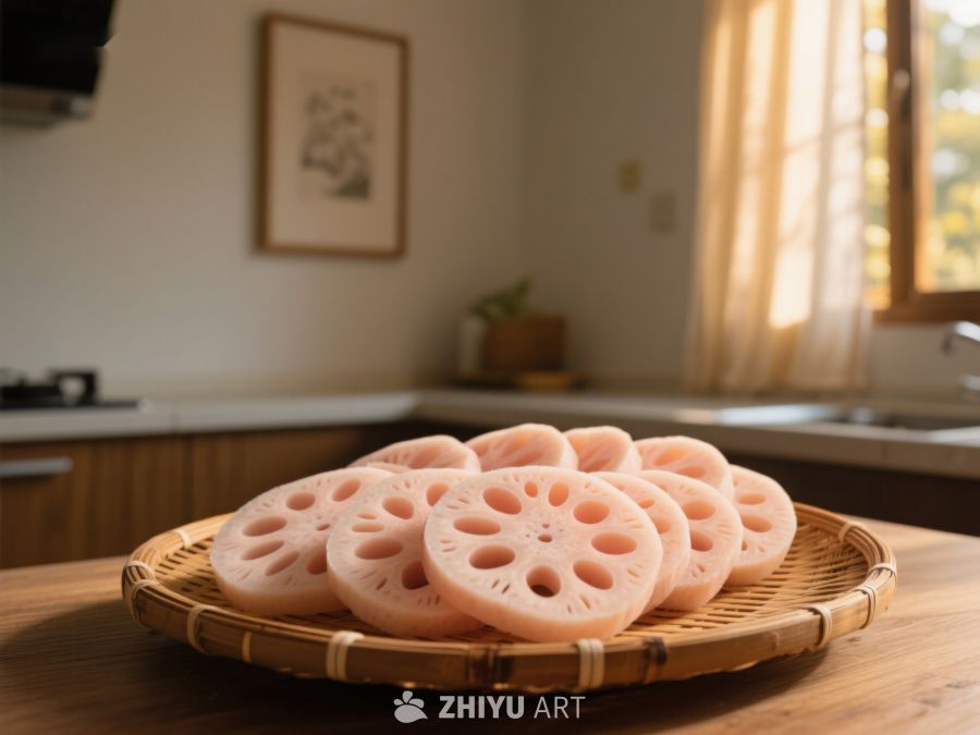 莲藕切片置于竹盘，厨房背景温馨 178