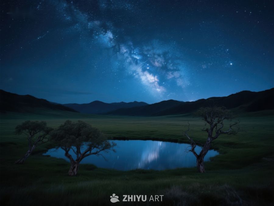 夜空银河映照湖面与孤树 437