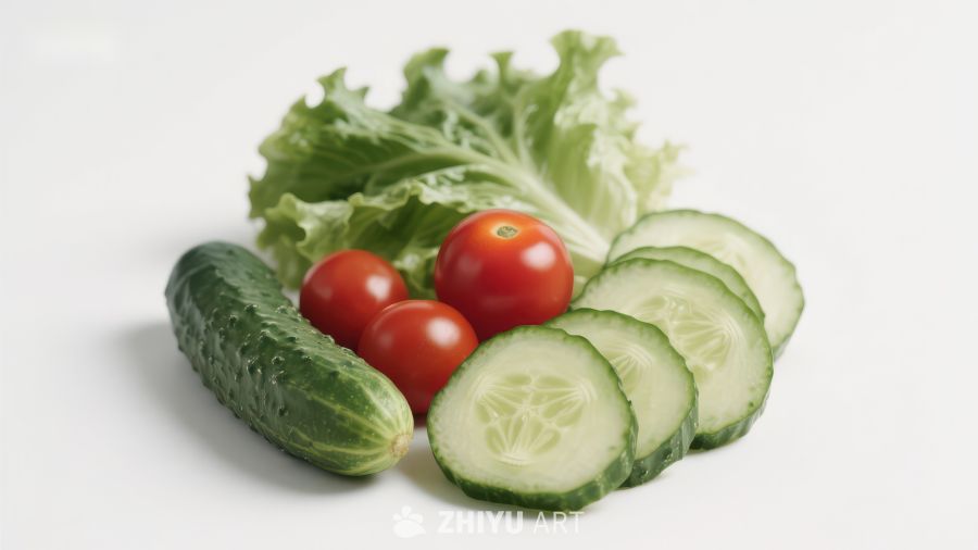 新鲜蔬菜组合：黄瓜、番茄与生菜