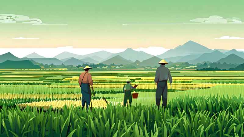 稻田和农作物中的农民绿色范例风格插画 5