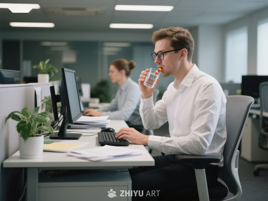 办公室内员工专注工作并饮水 66