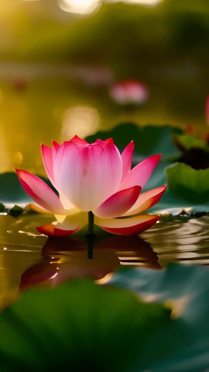 水中漂浮着莲花，莲花呈粉色和白色，其周围漂浮着绿色