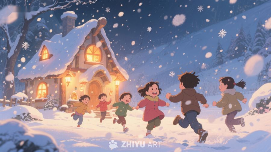 冬夜雪景中孩子们欢快奔跑 135