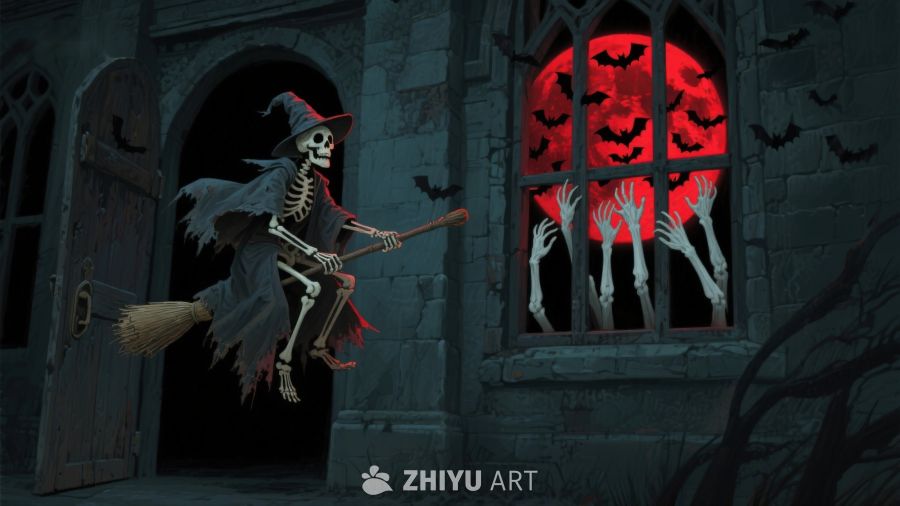 骷髅巫师骑扫帚飞过红窗鬼手