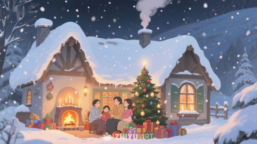 雪夜温馨家庭圣诞树前欢聚 419