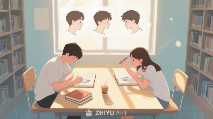 图书馆内专心学习的两人 305