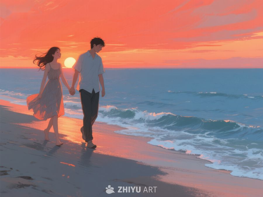 海滩漫步的浪漫情侣 260