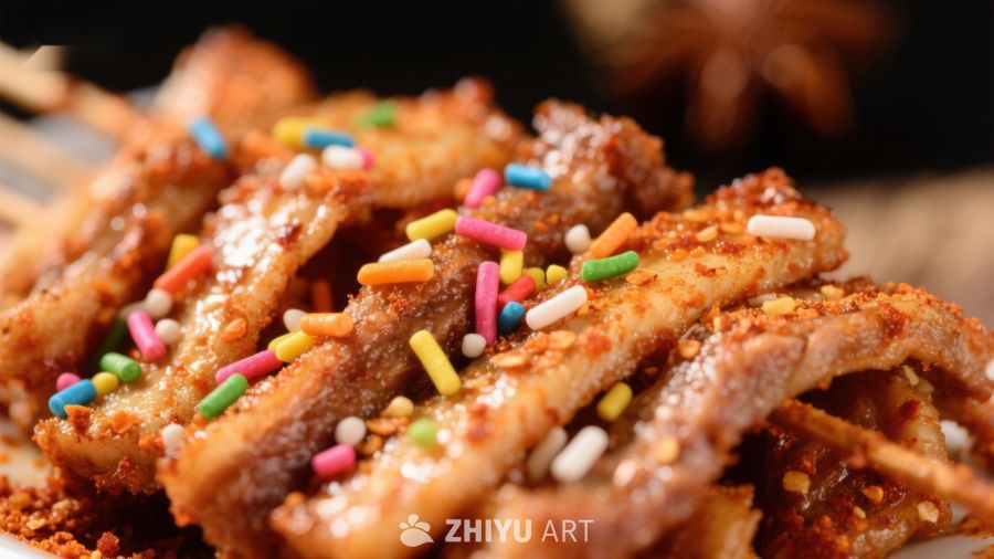 香脆肉条配彩色糖粒