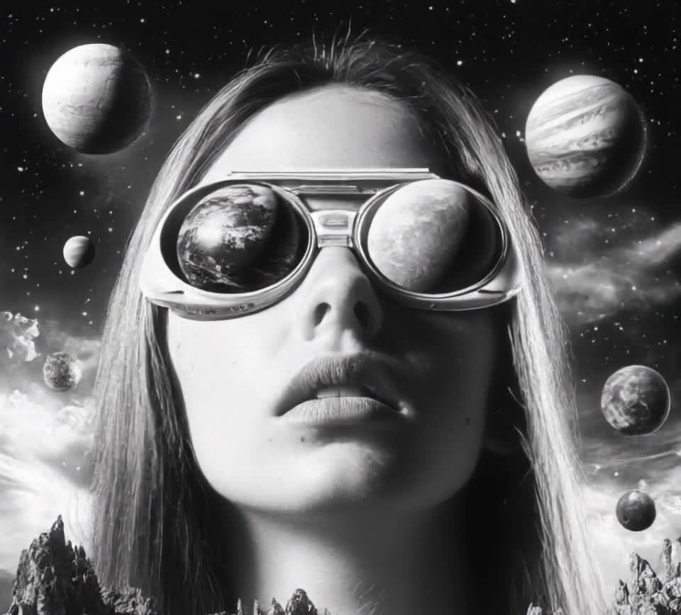 星球眼镜女人黑白人像艺术