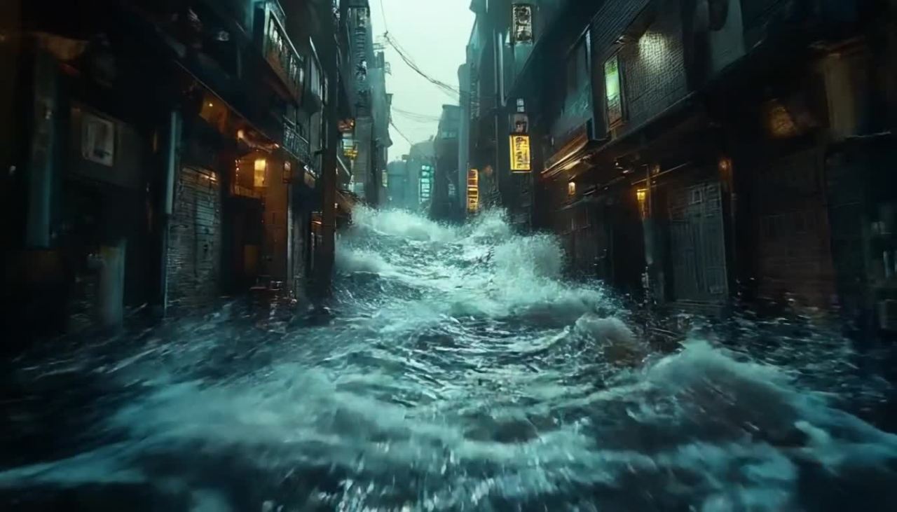波涛汹涌的海水涌入一条狭窄的城市小巷，巷道两旁是老