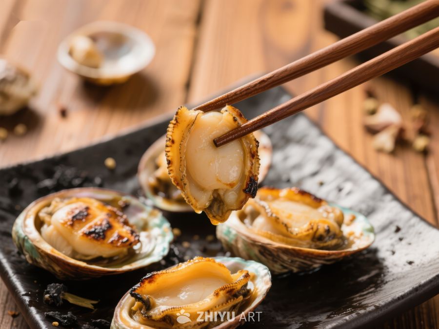 筷子夹起烤制的扇贝美食