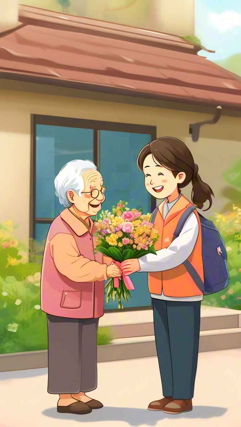 青年志愿者陪伴老人，递上鲜花 1