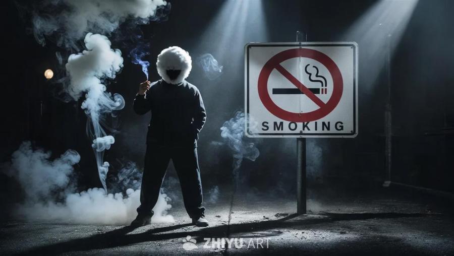 一个戴着蓬松白色头套的人站在禁烟标志旁边，手里拿着