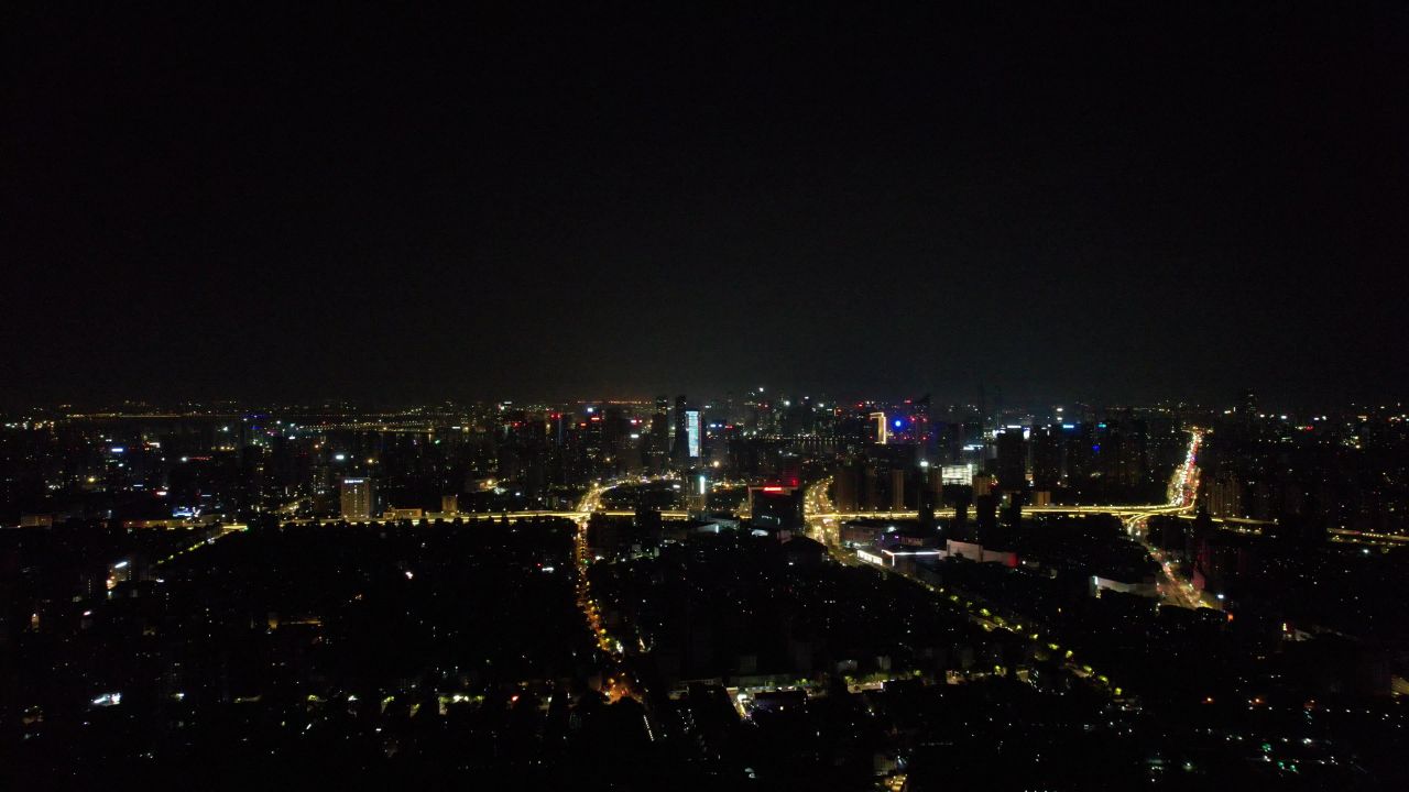 浙江杭州城市夜景灯光交通车两行驶航拍 