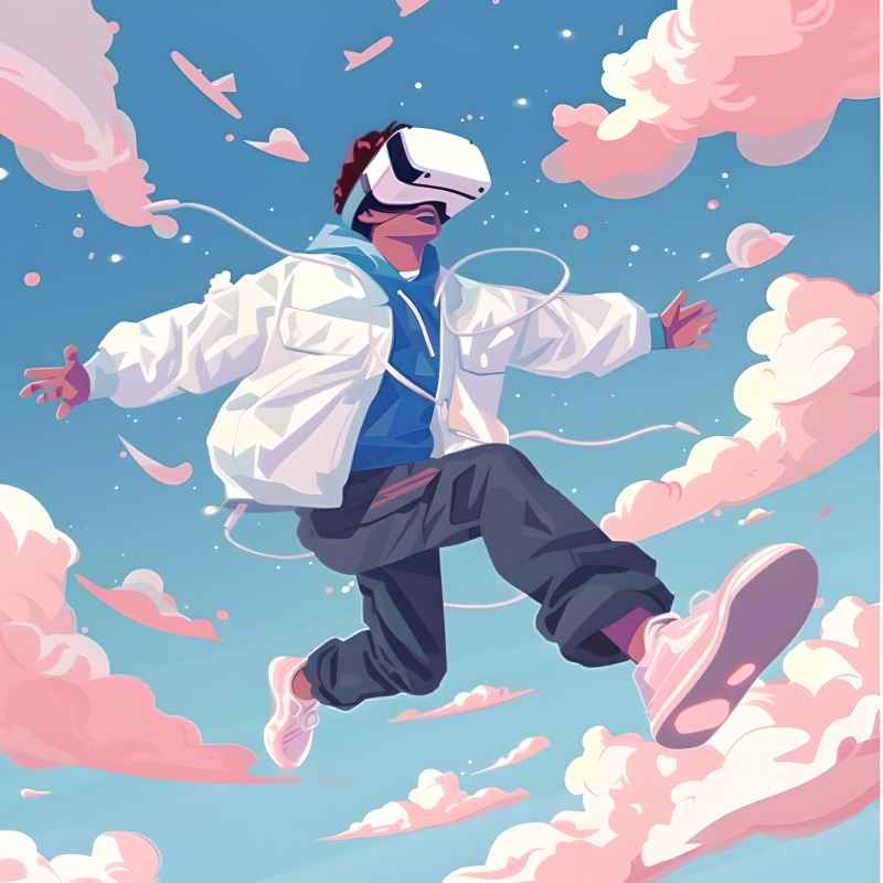一个戴着VR眼镜的年轻人在空中飞翔，平面插画风格 4