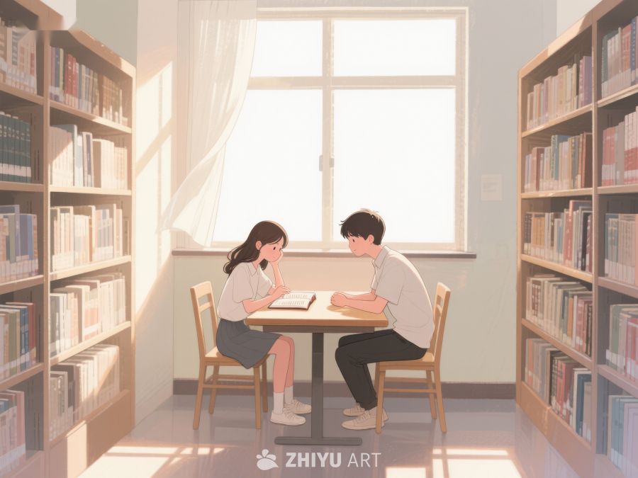 图书馆内两人静心阅读 676