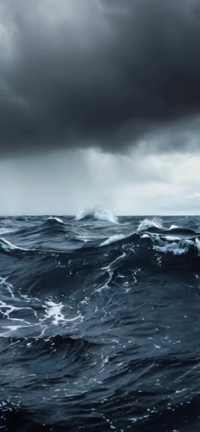 乌云笼罩下的暴风雨大海，巨浪翻滚景象。