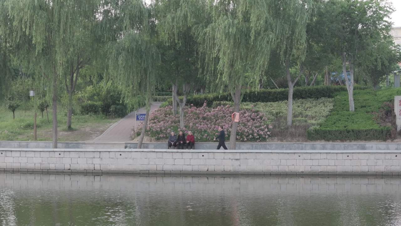 河边漫步的城市风景