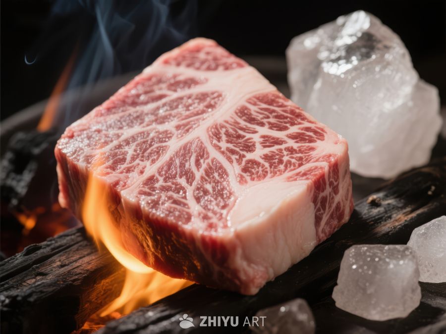 火焰上的雪花牛肉与冰块 360