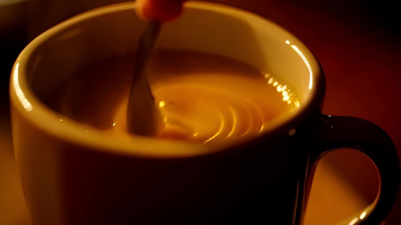一只手在马克杯中轻轻搅拌温暖的金黄色饮品，镜头靠近