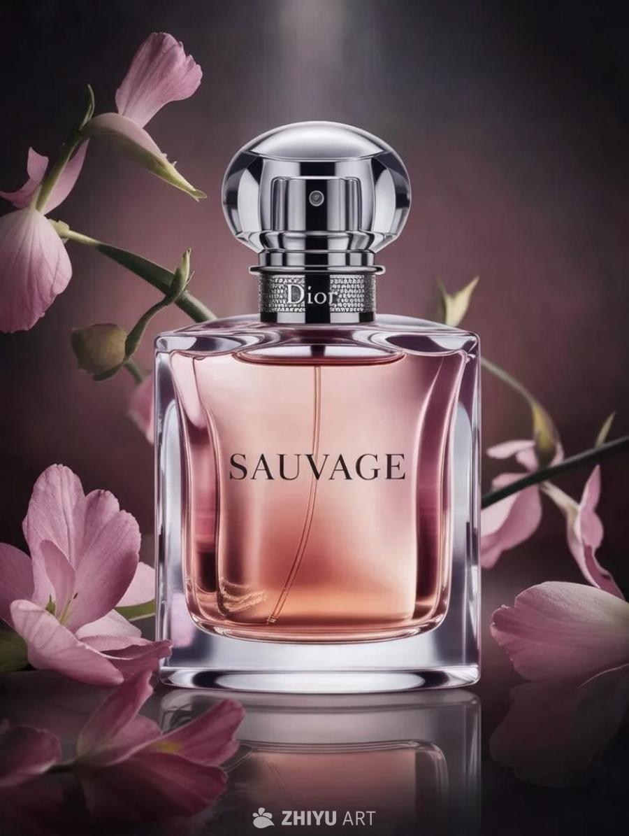 一瓶迪奥“Sauvage”香水瓶，瓶盖呈银色球状，