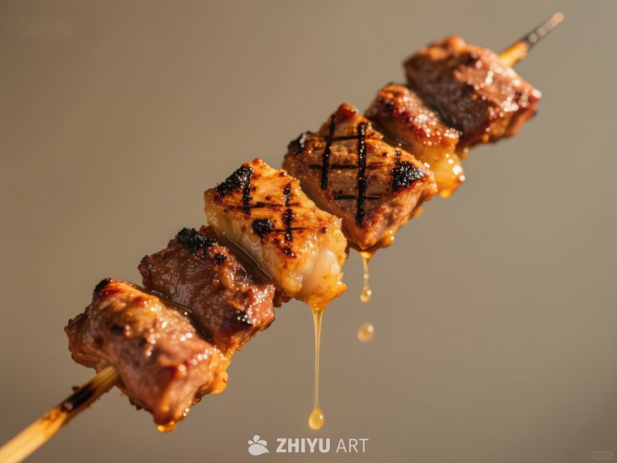 烤肉串上的美味牛肉块