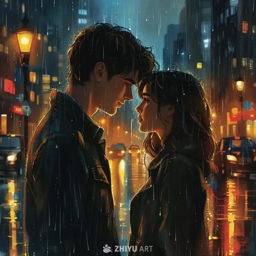 一对年轻夫妇站在下着雨的城市街道上，他们的头发闪闪