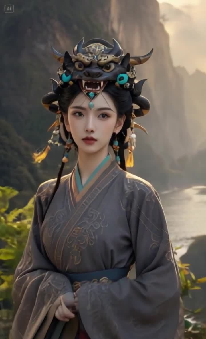 古典装扮的美丽女子，山水背景，兽头饰。