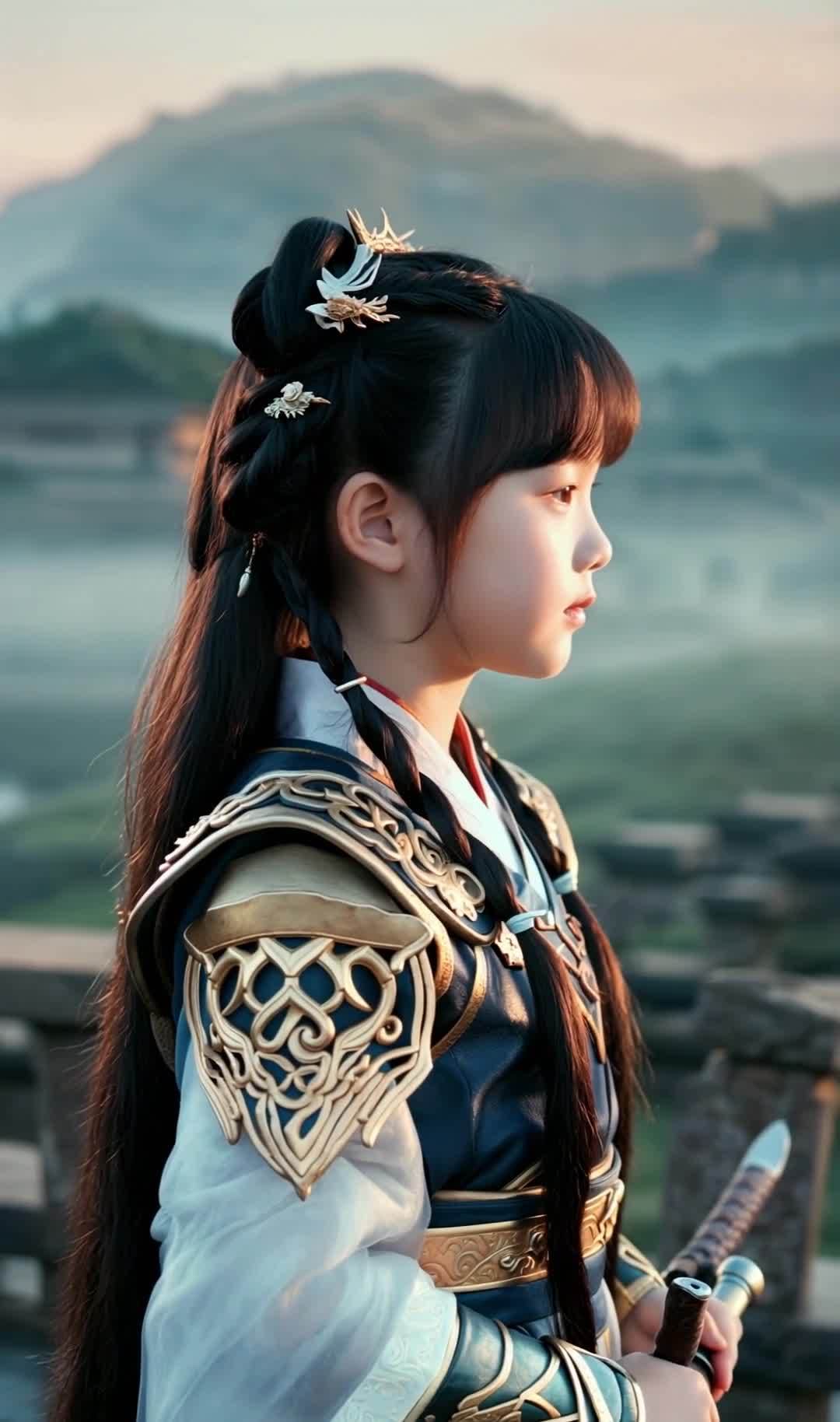 汉服机甲少女持剑立于山水间