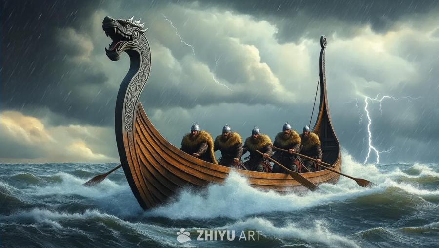 一艘维京船在波涛汹涌的北海航行，船头有精心雕刻的龙