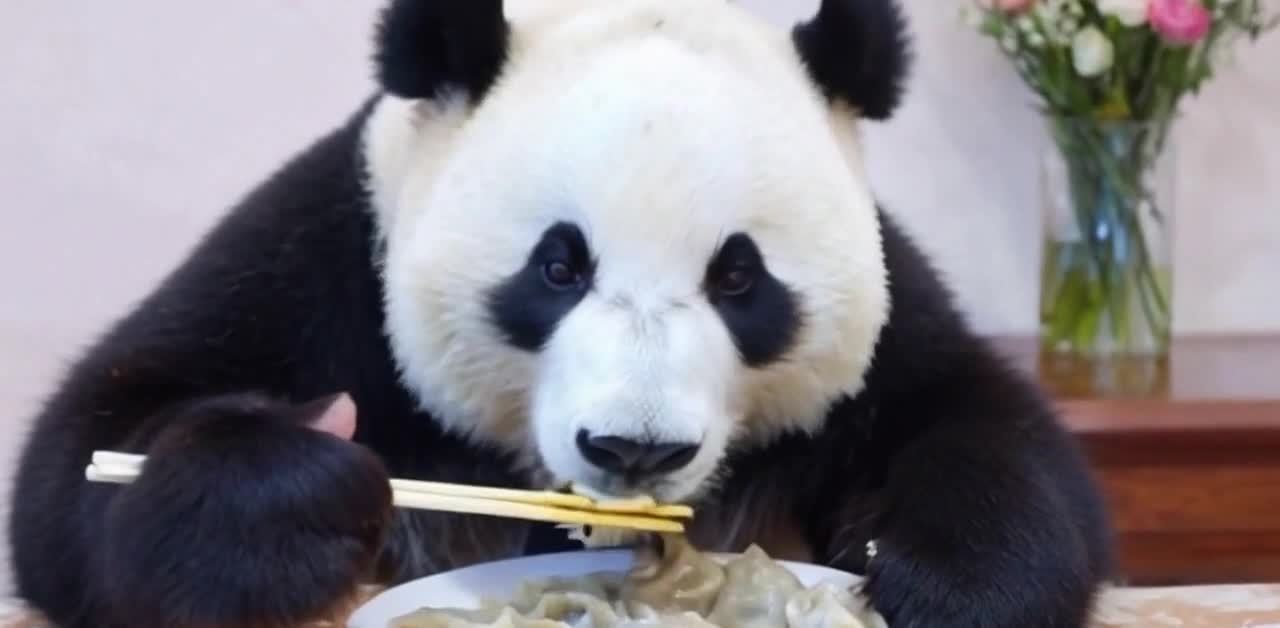 熊猫用筷子夹饺子并食用，背景有花