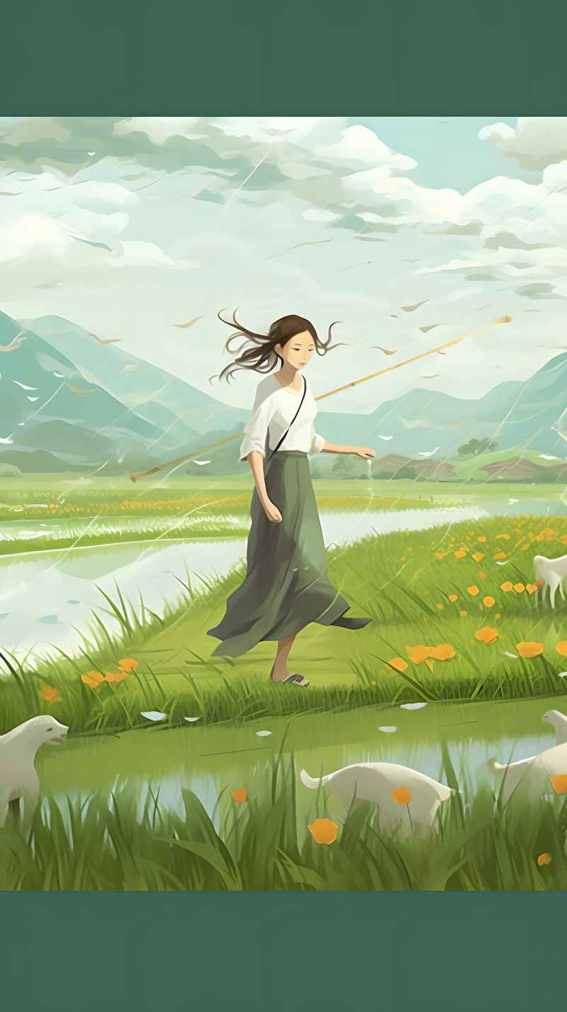 女人站在稻田与狗绿色插画 2