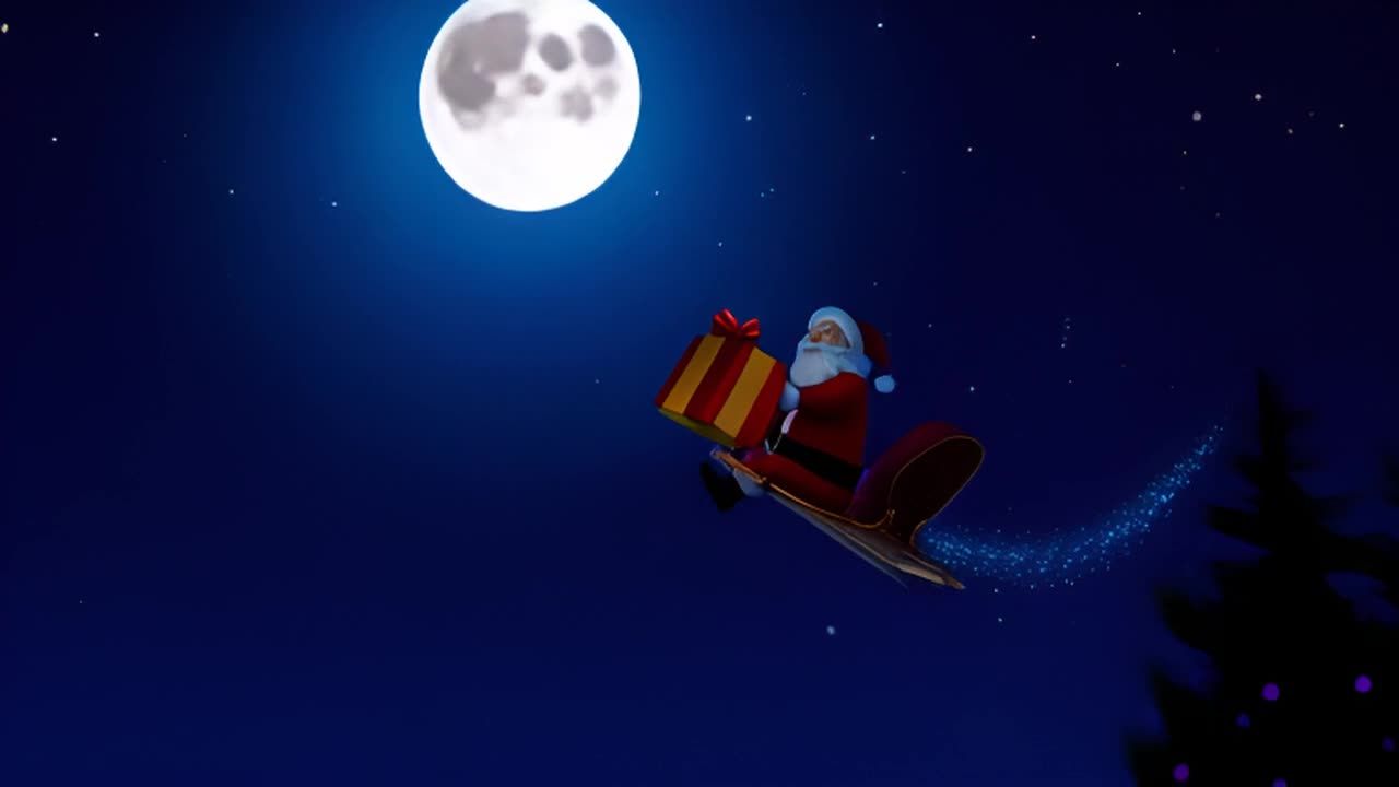 夜空中，一个穿着红色衣服的圣诞老人坐在雪橇上，拿着
