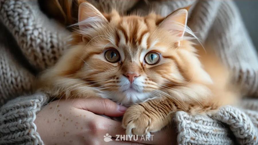 一只蓬松的猫咪被一只人手轻轻地捧着。猫咪有着柔软的