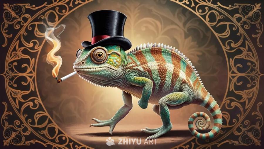 一只戴着高顶礼帽和单片眼镜的变色龙，嘴里叼着一根点