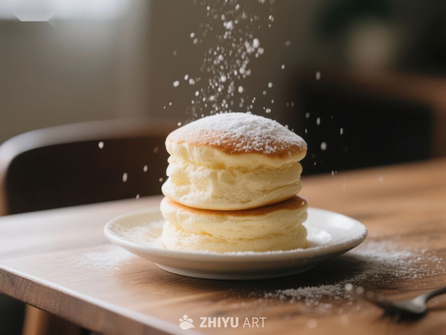 糖粉撒在叠放的松饼上