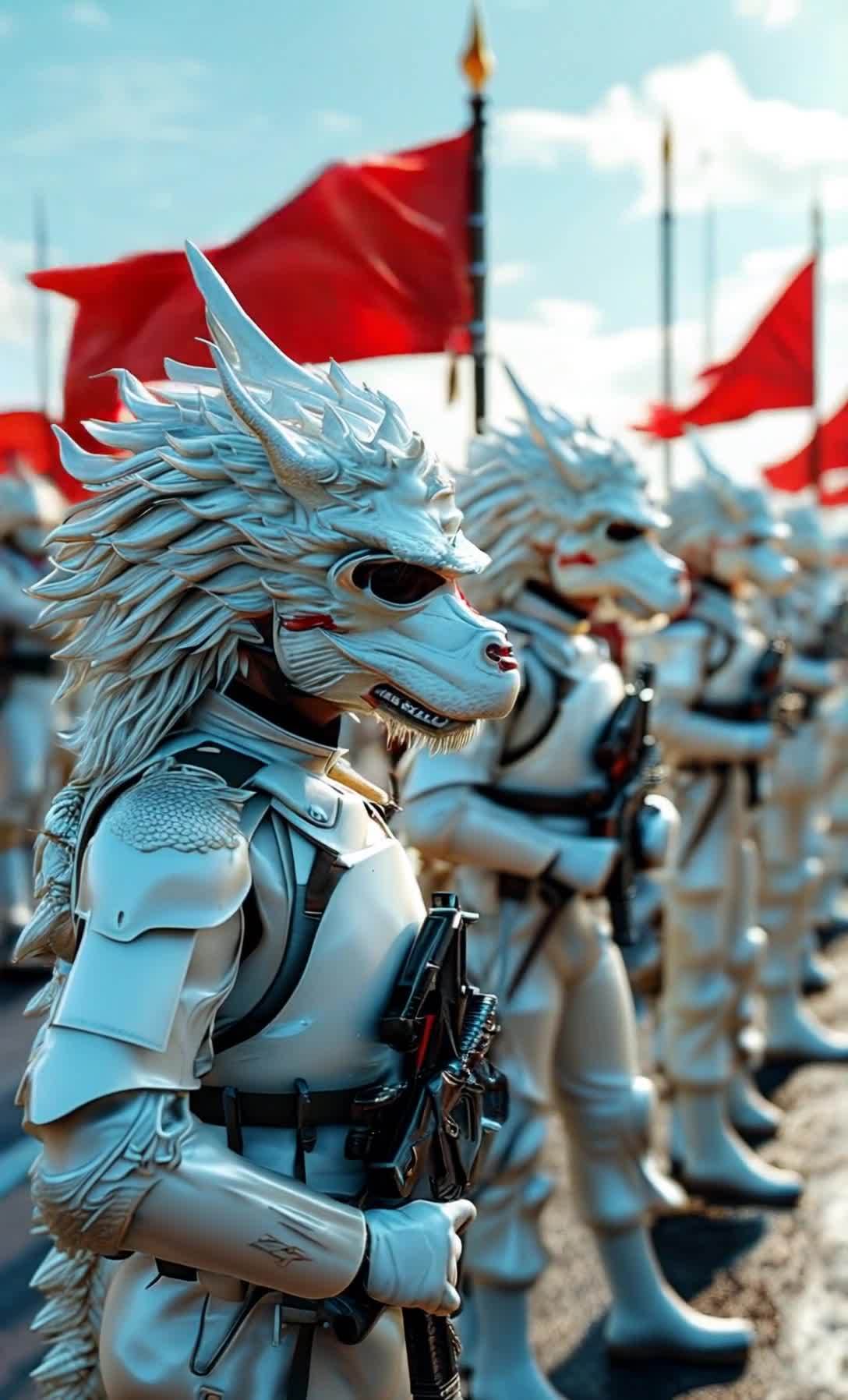 一队人形生物士兵排成队列，接受检阅。这些士兵戴着类