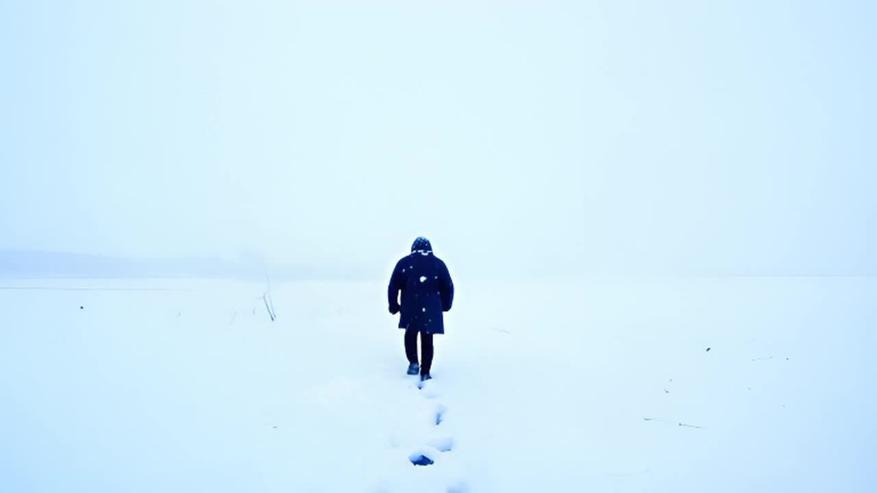 雪覆盖着荒芜的土地。一个男人穿着外套走在雪地上。他