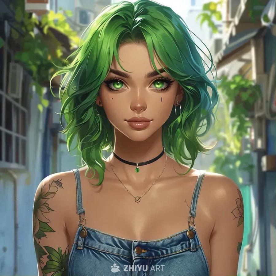 一个动漫风格的浅肤色女性，有着绿色的眼睛和绿色的头