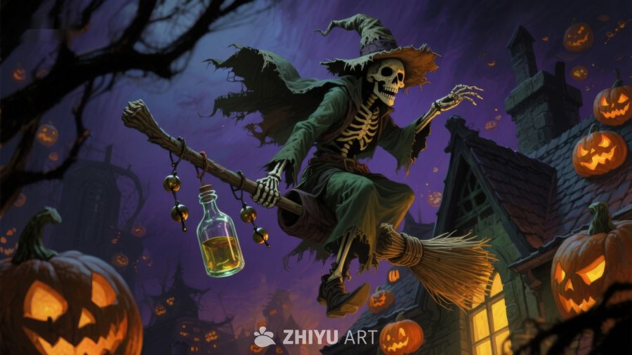 万圣夜骷髅巫师骑扫帚