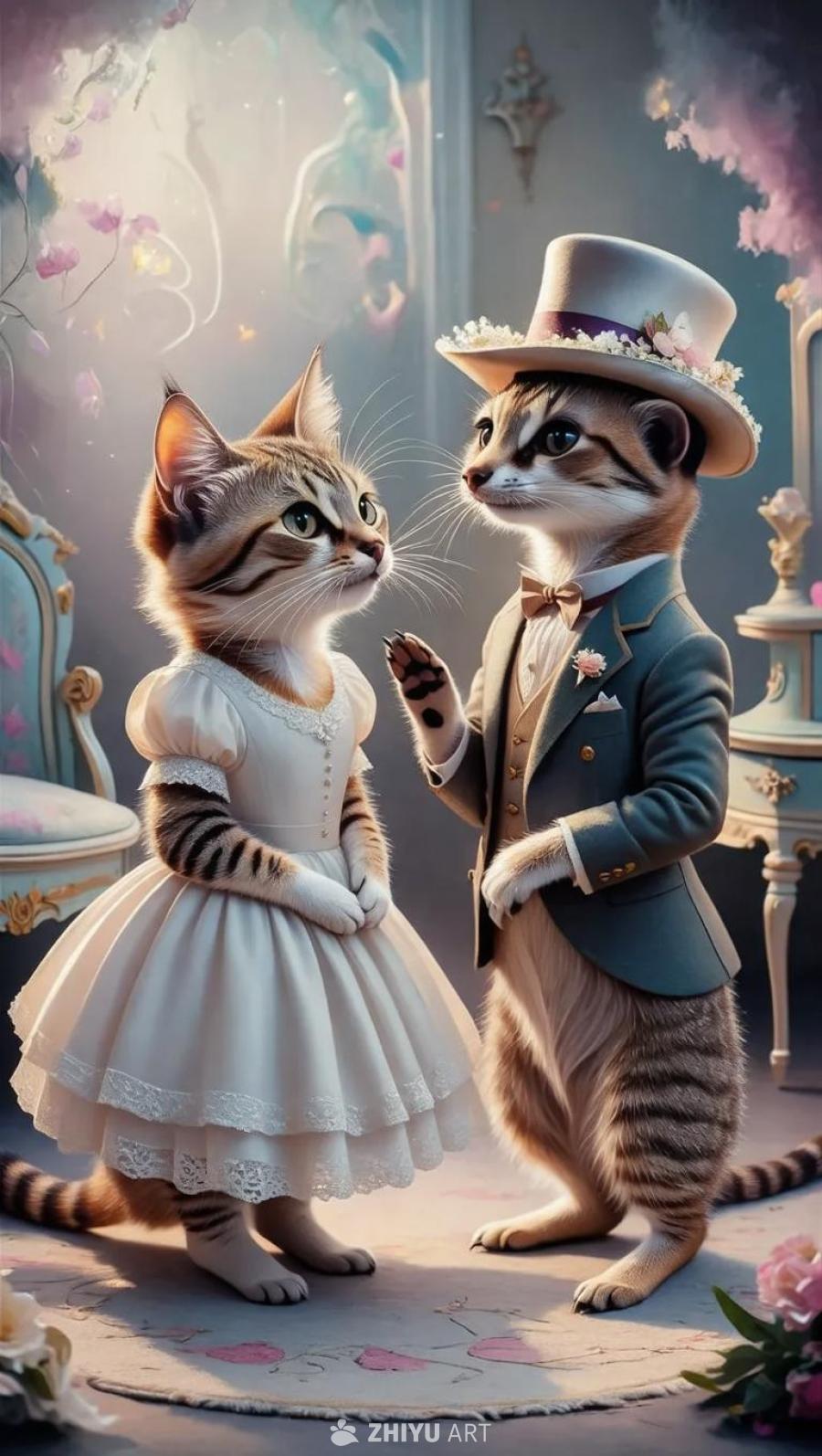 一只穿着白色连衣裙、头戴白色帽子的猫和一只穿着绅士